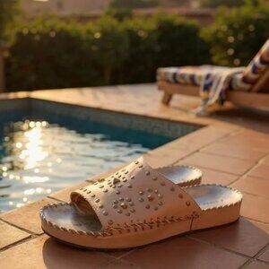 IRAMO SAM OMARI Tan Leather Studded Slides 40 9.5 Platform Sandals Luxe Boho
